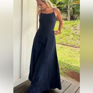 Calypso St. Barth Linen Blend Navy Midi Dress Gold Strap Detail Size S Boho